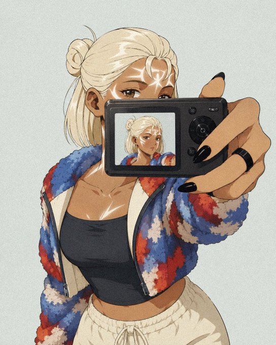 An anime-style illustration of a blonde woman with her hair in a bun, wearing a colorful red, blue, and white fuzzy jacket, taking a mirror selfie with a camera.