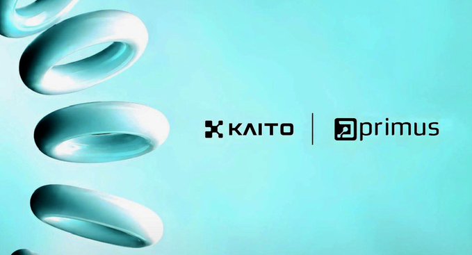 A teal-colored graphic featuring 3D floating rings alongside the logos and text for 'KAITO' and 'primus'.