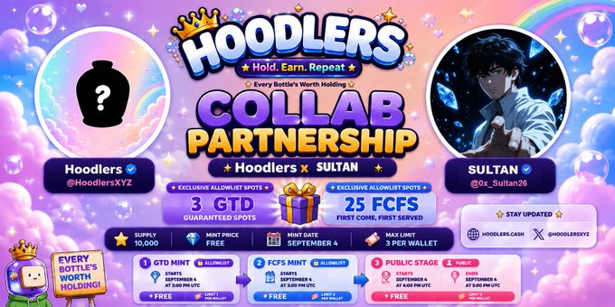 Promotional banner for 'HOODLERS COLLAB PARTNERSHIP' between Hoodlers (@HoodlersXYZ) and SULTAN (@0x_Sultan26), advertising exclusive allowlist spots for GTD, FCFS, and Public Stage with a supply of 10,000.