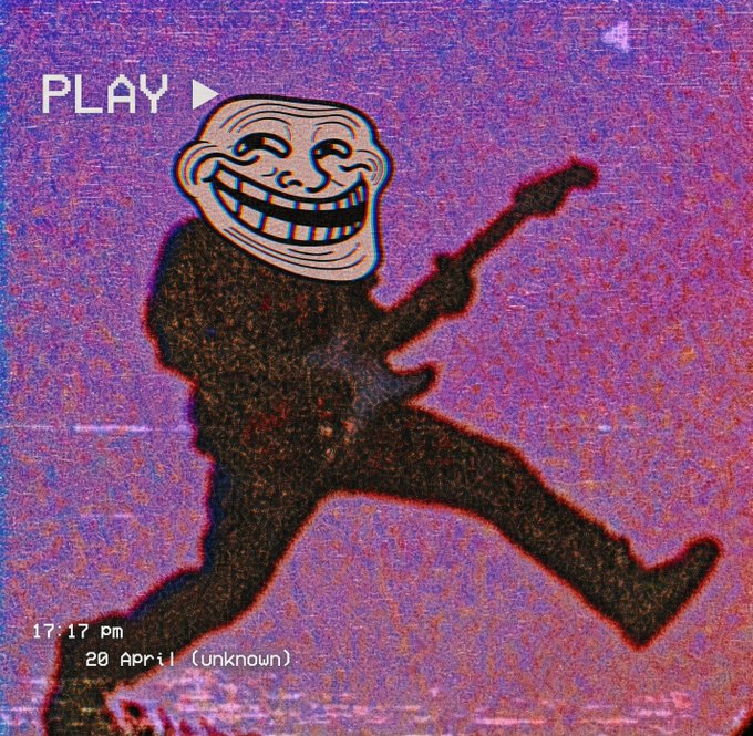 A grainy, VHS-style image shows a silhouetted figure playing guitar with a troll face meme for a head, overlaid with "PLAY ▶" and the timestamp "17:17 Pm, 20 April (unknown)" against a purple static background—evoking a retro, ironic vibe that matches the $TROLL memecoin's playful, chaotic community spirit.