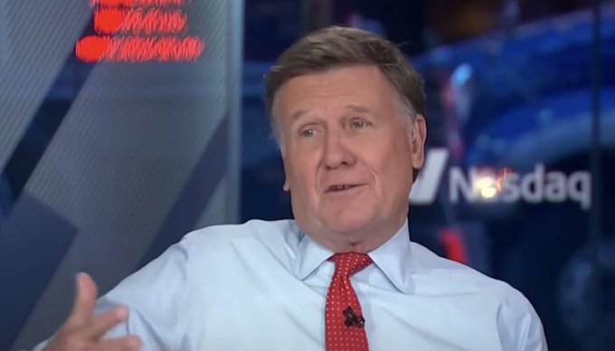 A man in a white shirt and red polka-dot tie speaks on a CNBC set, with the "Nasdaq" logo visible in the background. The image appears to be a screenshot from a financial news interview, possibly featuring an analyst or commentator discussing markets, paired with a nostalgic caption about loyalty and Bitcoin.