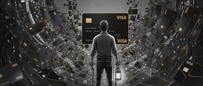 A surreal digital illustration shows a man viewed from behind, holding a lantern and chains, facing a giant floating Visa credit card surrounded by a vortex of smaller Visa cards in a dark, tech-themed environment.