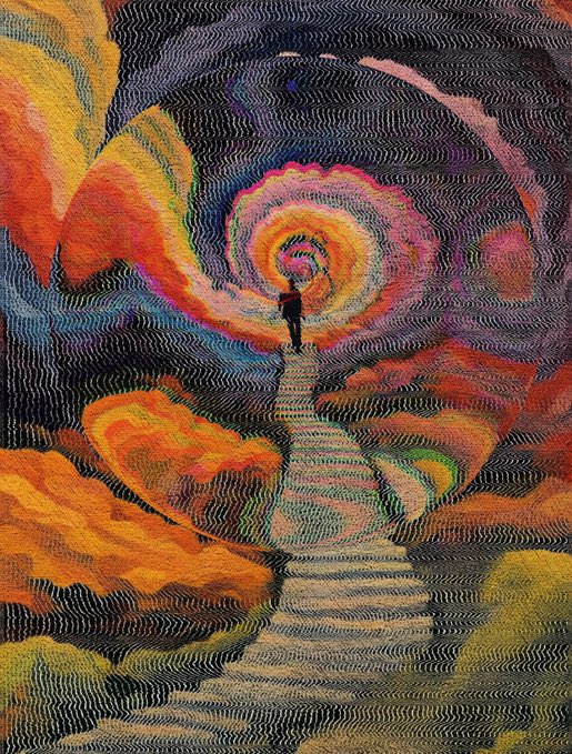 A psychedelic, swirling digital art piece showing a person walking on a staircase that leads toward a colorful spiral vortex, surrounded by vibrant orange and dark clouds.