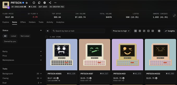A screenshot of the PRTSCN NFT collection on a marketplace shows a floor price of $117.89, with 590 listed items and a total volume of $497K. The collection features pixelated retro computer-style artwork, connecting to the @cruelhandeth NFT project highlighted in the post.