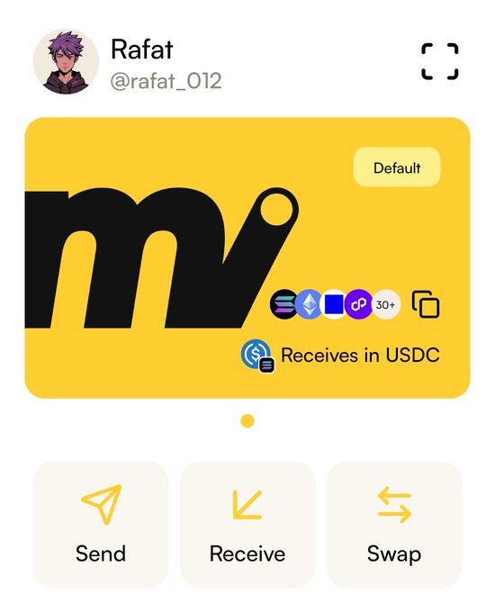 The image shows a screenshot from an app called @moovexyz Profile which is designed as a crypto wallet address. The account's name has been changed into the user's favorite character, Rafat. A gold square with black lettering on it forms the main design of the profile, and various icons related to cryptocurrency and wallets are displayed below. The app interface displays these features in order for users to easily identify their wallet addresses.
