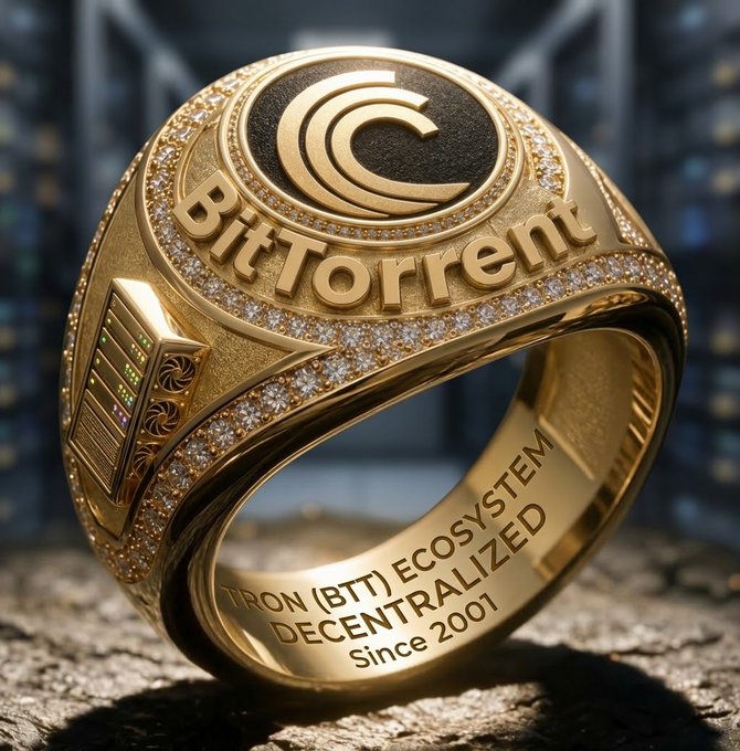 A gold championship-style ring with diamond accents displaying the "BitTorrent" name and logo, with inscriptions reading "TRON (BTT) ECOSYSTEM DECENTRALIZED Since 2001" on the inner band.