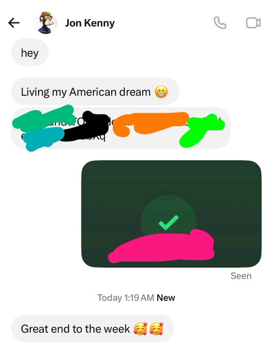 A screenshot of a text message conversation with "Jon Kenny" shows messages including "Living my American dream," "Great end to the week," and an image of a green checkmark over a pink shape, with one message redacted by colorful digital scribbles.