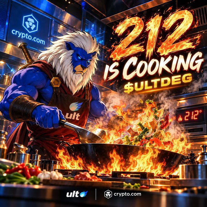 A promotional graphic featuring a blue lion-like character cooking with fire, advertising '212 IS COOKING $ULTDEG' for the ULT token and crypto.com.