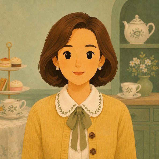 A Studio Ghibli-style illustration of a woman with brown bobbed hair wearing a yellow cardigan and white collared blouse with a green ribbon, set against a kitchen background with tea cups and a tiered dessert tray.