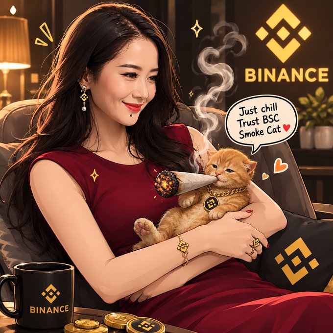 A digital illustration of a smiling woman in a red dress holding an orange kitten, with Binance branding, gold coins, a mug, and a speech bubble reading "Just chill Trust BSC Smoke Cat".