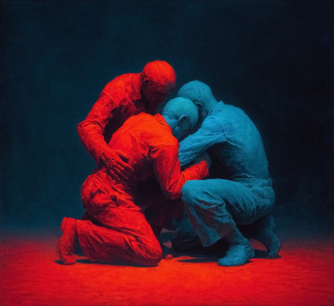 A striking surreal painting of four human figures painted entirely in red and blue, kneeling and embracing each other on a red surface against a dark background.