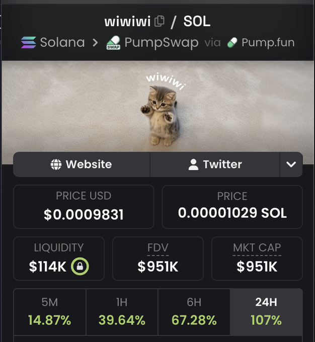 A crypto trading chart shows the "wiwiwi / SOL" token on Solana via PumpSwap and Pump.fun, displaying a price of $0.0009831 (0.00001029 SOL) with a $951K market cap and $114K liquidity, alongside price gains of 14.87% (5M), 39.64% (1H), 67.28% (6H), and 107% (24H)—visually supporting the post's claim that the token just hit an all-time high with significant recent momentum.
