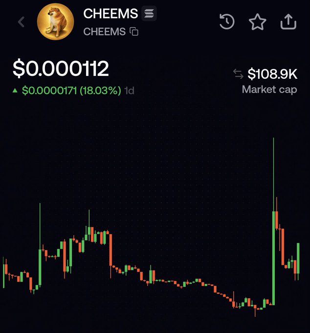 The image shows a crypto price chart for CHEEMS (CHEEMS) trading at $0.0000112, up 18.03% in 1 day with a market cap of $108.9K, displaying volatile candlestick patterns with a notable recent spike. The chart visually supports the post's claim to "watch and observe" CHEEMS as a potential low-cap meme coin, with the recent green price action and low market cap making it a typical target for pump cabals.