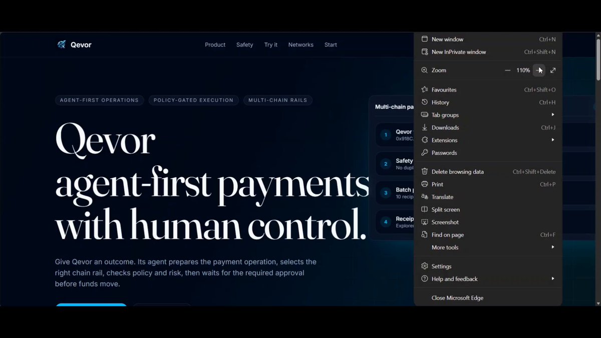 The image features a screen displaying a webpage of the Qevor Agent platform. The content seems to be focused on agent-first payments, as well as automated payment processing capabilities for AI agents. The layout includes text descriptions and an example of this functionality.