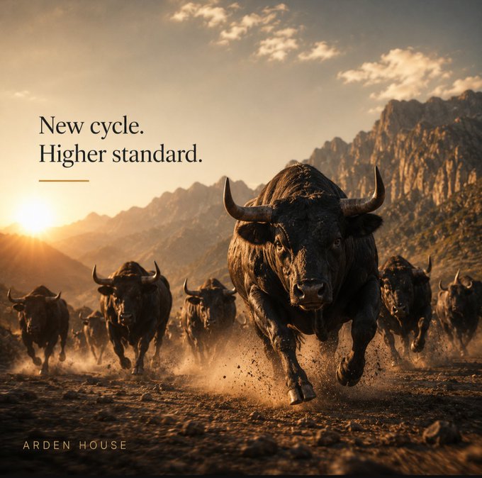 A cinematic landscape photograph showing a herd of bison charging through a dusty plain at sunset, accompanied by the text 'New cycle. Higher standard.' and the logo 'ARDEN HOUSE.'