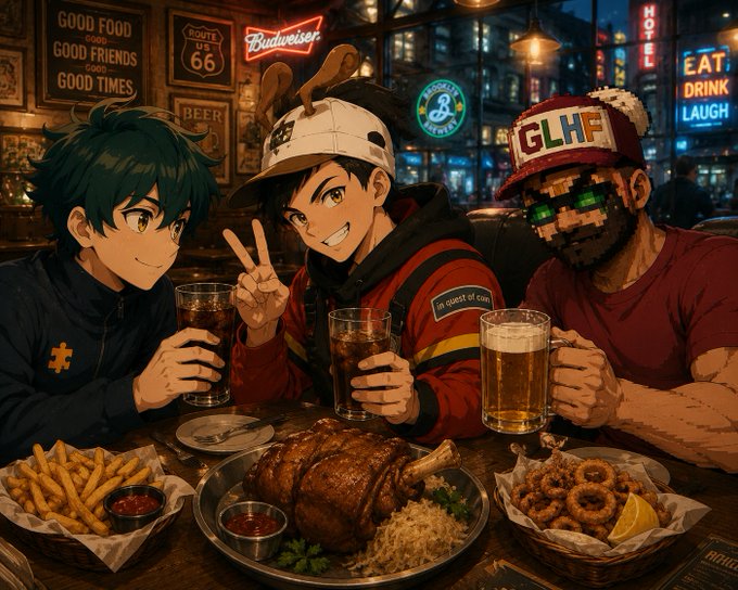 Three anime-style characters enjoying drinks at a bar with a large roasted chicken, fries, onion rings, and rice on the table; signs read 'GOOD FOOD GOOD FRIENDS GOOD TIMES', 'ROUTE 66', 'Budweiser', and 'EAT DRINK LAUGH'.