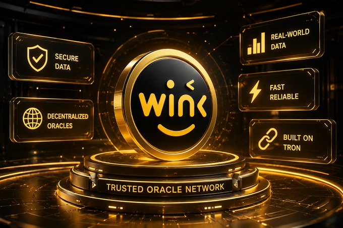 A futuristic golden showcase displays the "WINk" logo on a pedestal labeled "TRUSTED ORACLE NETWORK," surrounded by feature highlights reading "SECURE DATA," "REAL-WORLD DATA," "DECENTRALIZED ORACLES," "FAST RELIABLE," and "BUILT ON TRON." The image visually reinforces the post's discussion of WINkLink's oracle-driven buyback model by emphasizing its secure, decentralized, and TRON-based infrastructure that connects network activity to token value.