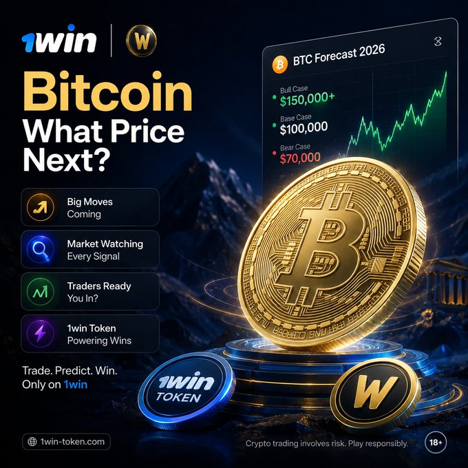 A promotional advertisement for 1win featuring Bitcoin, showing a BTC Forecast 2026 chart with Bull Case $150,000+, Base Case $100,000, and Bear Case $70,000, alongside text reading 'Bitcoin What Price Next?' and 'Trade. Predict. Win. Only on 1win.'