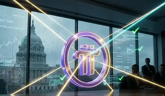 A promotional image featuring the Pi Network (π) logo in a glowing purple emblem, set against a corporate meeting room backdrop with the U.S. Capitol visible through the window and text referencing 'IMPACT 2026 CENTRALIZATION TEST'.