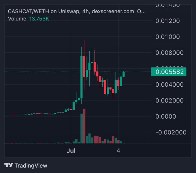 A TradingView 4h candlestick chart of the CASHCAT/WETH pair on Uniswap shows the token's price action spiking from near zero to a peak around $0.009000 before pulling back to $0.005582, with a 13.753K volume reading highlighting the recent surge and subsequent volatility.