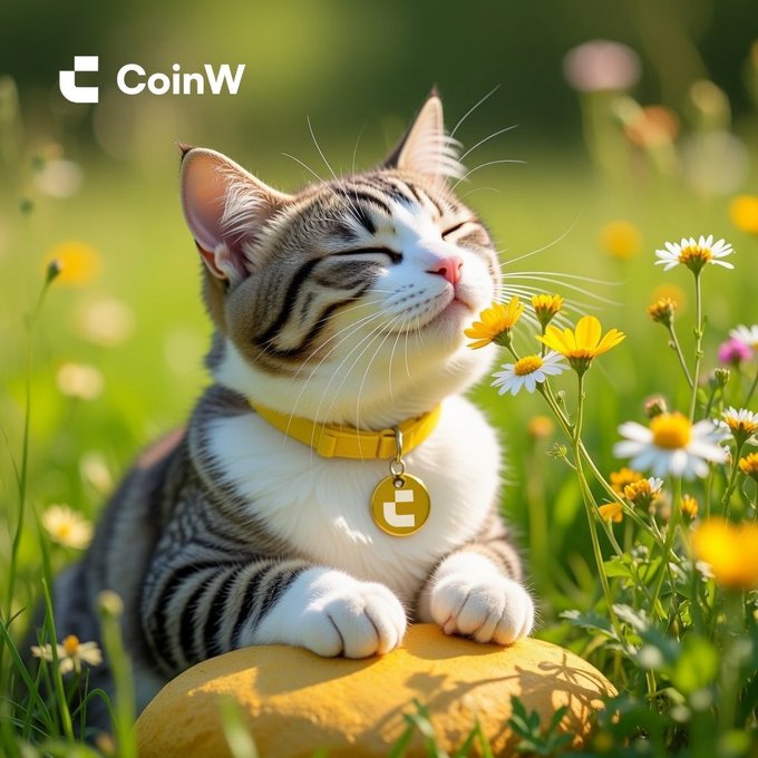 A digital illustration of a smiling cat with closed eyes wearing a yellow collar with a CoinW tag, sitting among yellow daisies in a sunny meadow.