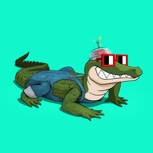 A cartoon illustration of a smiling green crocodile lying on a bright teal background, wearing a blue denim vest, pixelated red sunglasses, and a transparent dome on its head containing a pink brain with a small antenna.