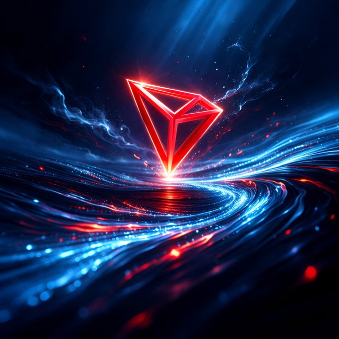 A glowing red, diamond-shaped Tron logo hovers above swirling streams of blue and red light, symbolizing the network's dynamic token trading activity and Web3 infrastructure milestones. The radiant emblem and energetic currents visually reinforce TRON DAO's reported $2.12 trillion total trading volume and its push toward an open, scalable blockchain ecosystem.