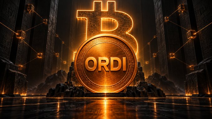 The image showcases a golden ORDI coin prominently displayed in front of a glowing Bitcoin "₿" symbol, set within a dramatic dark temple-like environment. This visual reinforces the post's message by symbolizing ORDI's deep connection to Bitcoin as the first BRC-20 token, with the coin's golden grandeur emphasizing its significance within the Bitcoin ecosystem.