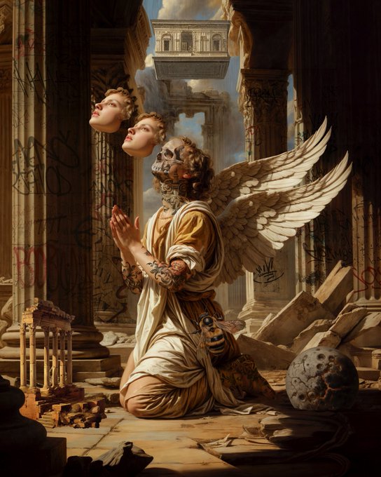 A surreal classical-style painting of a kneeling winged, skeletal figure in ruined architecture, with floating faces and scattered sculptural objects.