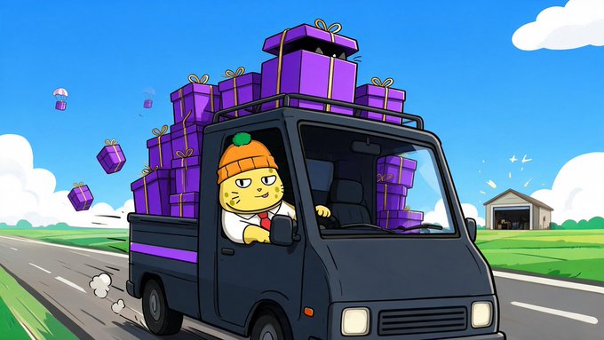 A cartoon cat wearing a beanie drives a truck overflowing with purple gift boxes along a highway, illustrating the mass distribution of 100 Motocats to 100 new winners, with some packages flying off the back. The scene captures the playful chaos of the giveaway delivery, reinforcing the post's message about Motocats arriving in winners' wallets.