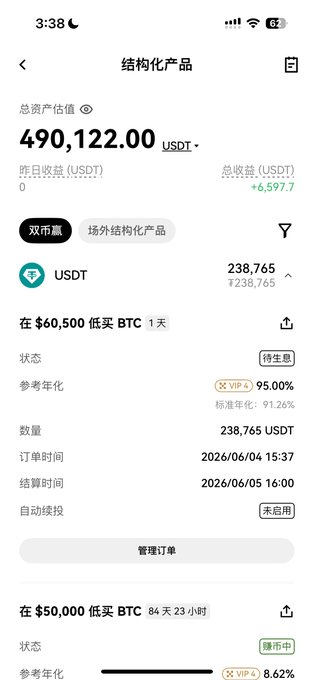 The image shows a screenshot of an app, where there are details about Bitcoin trading. The app displays the current value of Bitcoin as $49,000 and the currency pairs being used for trading. The user has been actively using the platform to buy Bitcoins, with some success.

The post on which this screenshot is displayed includes information about a particular cryptocurrency called "OKX" (which appears to be Chinese), and it's worth noting that the user has been using its dual-currency yield plan to trade Bitcoin in their favor. The app shows three current batches of data, one of them consisting of 65,000 Bitcoins already exercised by the user.