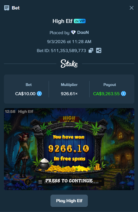 A player named DaaN hit a massive 9266.10x multiplier on the "High Elf" slot at Stake, turning a CA$10 bet into a CA$9,263.55 payout. The screenshot showcases this win, complementing the celebratory post about a Valkyrie slot hitting big.