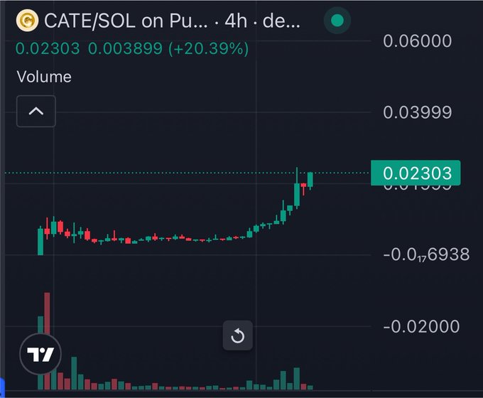 A TradingView candlestick chart displays CATE/SOL on a 4-hour timeframe, showing a sharp price surge to 0.02303 with a notable 20.39% gain (0.003899), accompanied by rising trading volume—visually reinforcing the post's claim that $CATE is the "next biggest runner onchain."