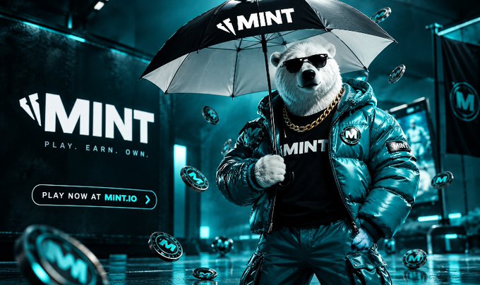 Promotional banner for MINT featuring a polar bear in sunglasses and a teal puffer jacket holding a branded umbrella, with the tagline 'PLAY. EARN. OWN.' and 'PLAY NOW AT MINT.IO'.