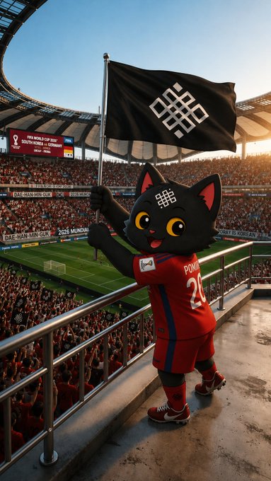 An anthropomorphic black cat mascot wearing a red Korean national team jersey waving a flag at a packed FIFA World Cup 2026 stadium.