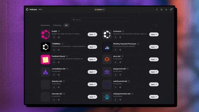 A screenshot of the Polkadot ecosystem website 'Polkadot' displaying various dApps like DotHNS, T3RN, Feedback Board, and Subscan with 'Open' buttons.