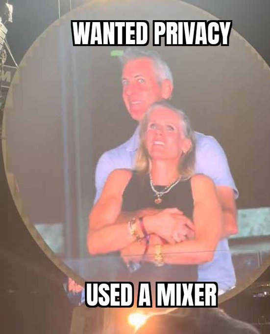 A meme showing a startled-looking couple inside a circular mirror reflection, overlaid with the text "WANTED PRIVACY / USED A MIXER".