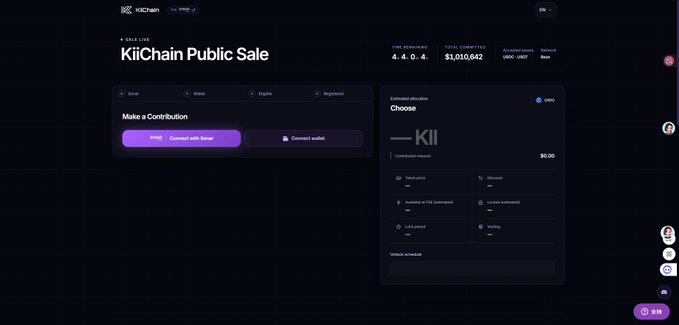 A webpage for the 'KiiChain Public Sale' showing 'TIME REMAINING 4.4.0.4' and 'TOTAL CONTRIBUTED $1,010,842', with options to 'Connect with Base' or 'Connect wallet' to make a contribution.