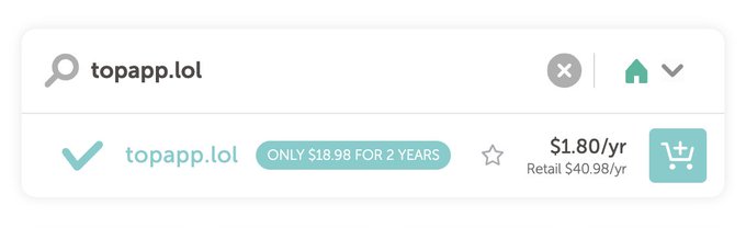 A screenshot of a domain search for 'topapp.lol' showing a promotional offer of $18.98 for 2 years, with a discounted price of $1.80/yr compared to a retail price of $40.98/yr.