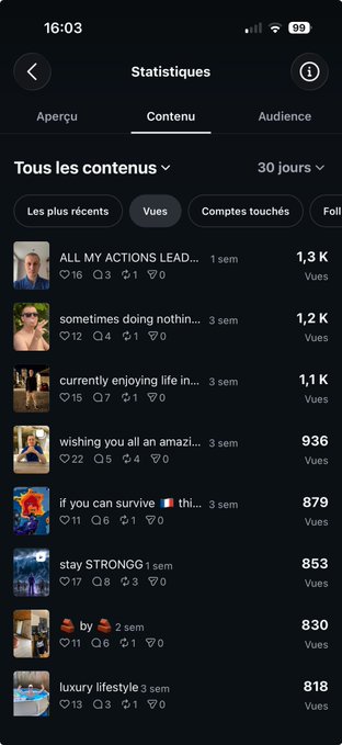 A mobile app screenshot in French showing social media statistics ('Statistiques') with a list of posts, likes, and view counts for the last 30 days.