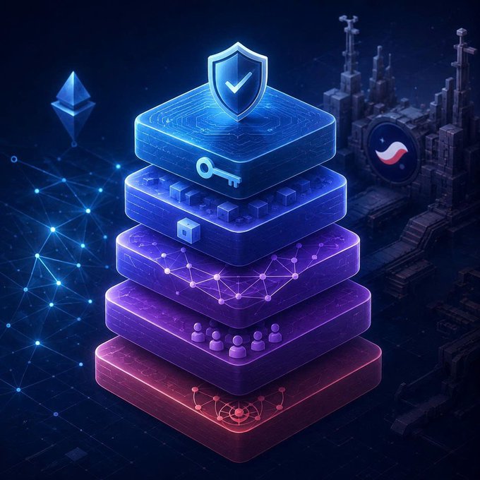 A digital illustration showing a stack of layered blue and purple tech-themed blocks topped with a security shield, with Ethereum logos visible in the background.