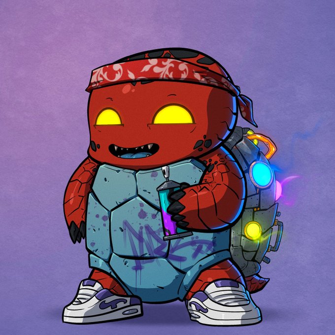 A cartoon illustration of a red-skinned character with yellow glowing eyes, wearing a bandana, sneakers, and a futuristic backpack with glowing lights, holding a spray can.