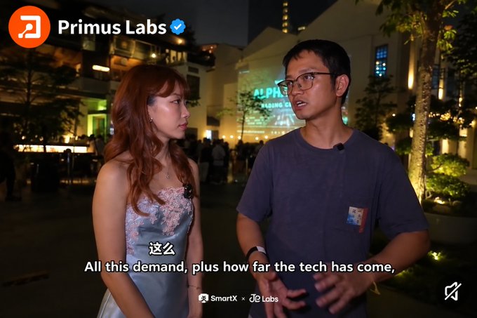 A YouTube thumbnail from Primus Labs shows two people being interviewed at night, with bilingual text including 'All this demand, plus how far the tech has come,' and 'SmartX x JD Labs'.
