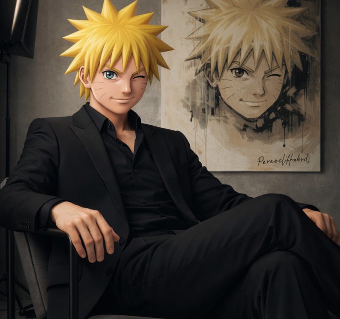A confident blonde anime figure in a black suit sits beside a matching portrait, with the text "Percelffabrd" visible on the artwork—tying into the post's hopeful energy for the upcoming NFT mint and exam success.