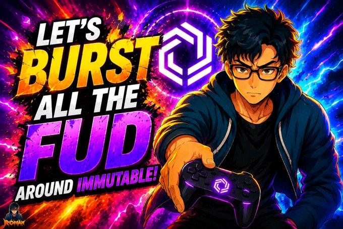 The image features a man holding a video game controller, possibly a Wii remote or a similar device. The background of the image is filled with bright colors and neon lights, creating an energetic atmosphere. The caption of the image reads "Let's burst all the FUD around Immutable", which suggests that there might be some controversy or disagreement surrounding the concept of immutability in video games.