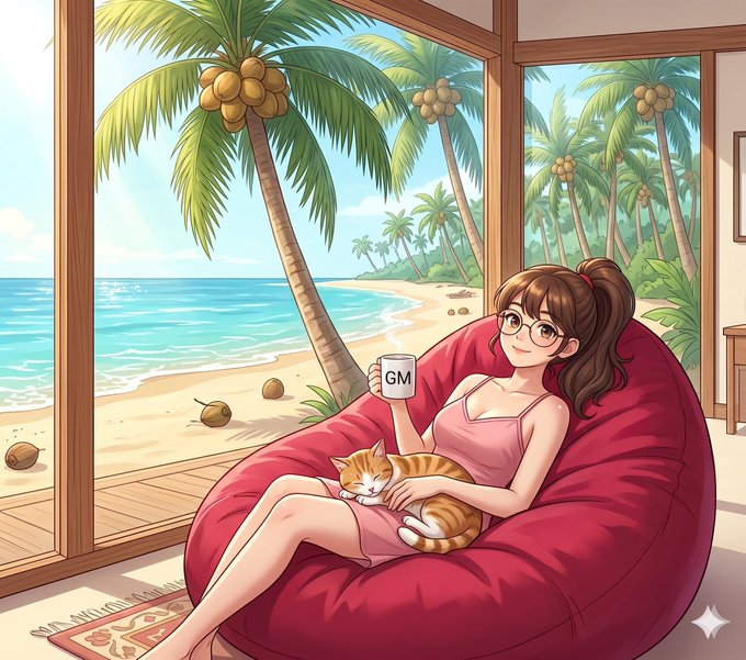 A young woman with glasses lounges on a red bean bag chair by a beachfront window, peacefully holding a mug labeled "GM" while her orange tabby cat naps on her lap.

The image perfectly captures the relaxed weekend vibe of the "GM everyone" greeting, showing the ultimate chill morning scene with a tropical beach view, cozy atmosphere, and a coffee mug serving as a visual nod to the "Good Morning" message.