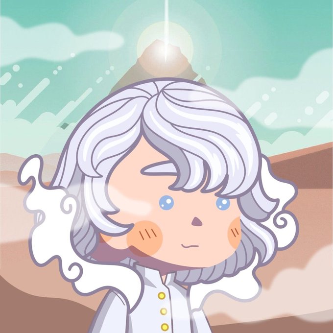 A chibi-style illustration of a white-haired character with blue eyes stands in a desert landscape, gazing toward a glowing mountain peak under a bright sun. The "gm" (good morning) post pairs with the image's serene, sunrise-like atmosphere, evoking a fresh, hopeful start to the day.