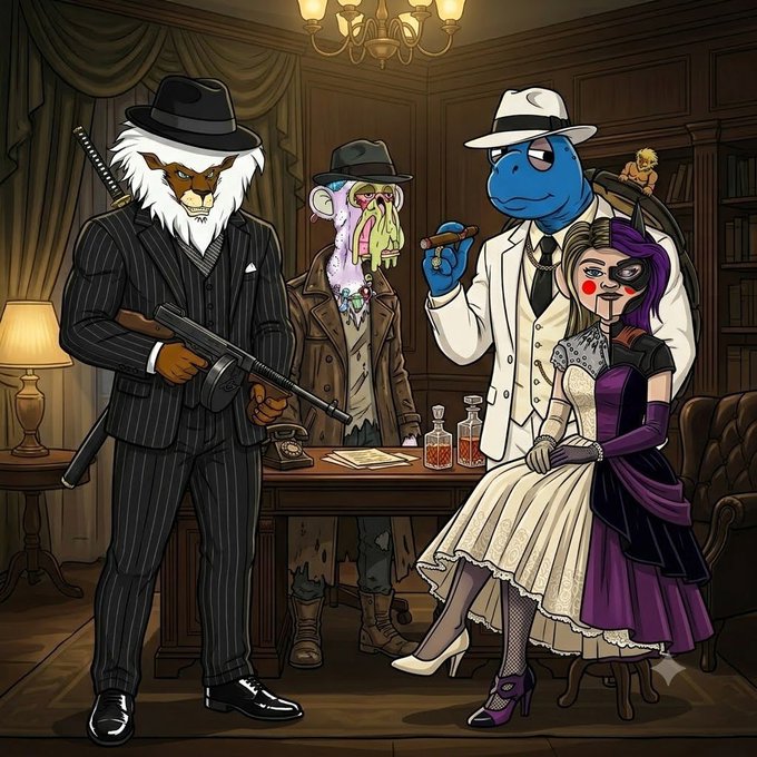 An illustrated cartoon scene featuring four anthropomorphic characters in noir/gangster attire, including a lion with a tommy gun, a rat-like figure, a blue lizard in a white suit smoking a cigar, and a woman in a purple and white dress with clown-like makeup.