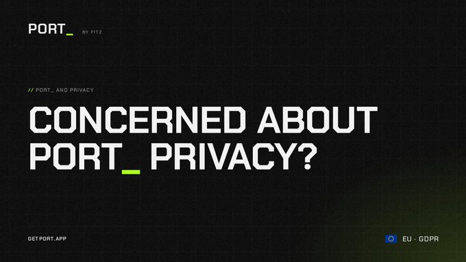 A dark webpage banner reads 'PORT_ BY FITZ' and asks 'CONCERNED ABOUT PORT_ PRIVACY?' with a small 'EU · GDPR' badge.
