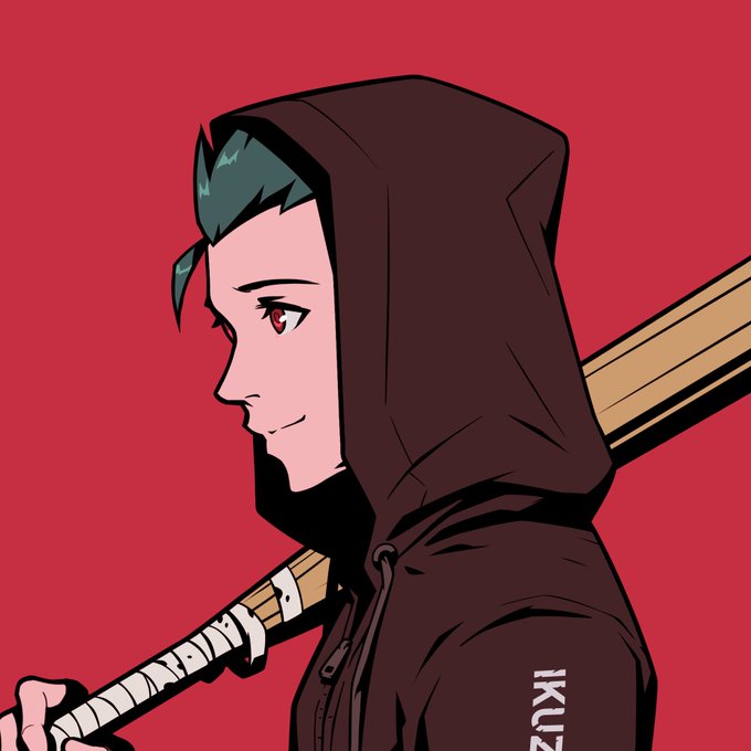 A side-profile anime-style illustration of a green-haired character in a black hoodie carrying a sheathed sword, set against a red background with partial text "IKUZ" visible on the sleeve.